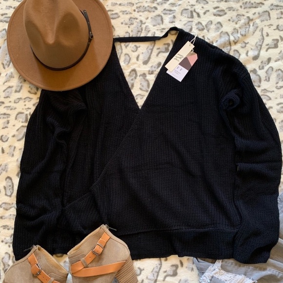 Black Knit Deep V Open Back Sweater - Picture 4 of 6